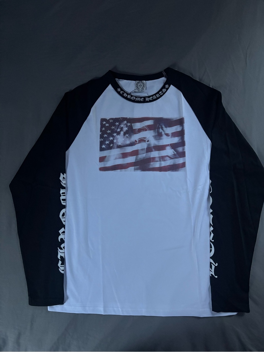 Chrome Hearts Black & White Raglan Long Sleeve with Faded Red Flag Graphic